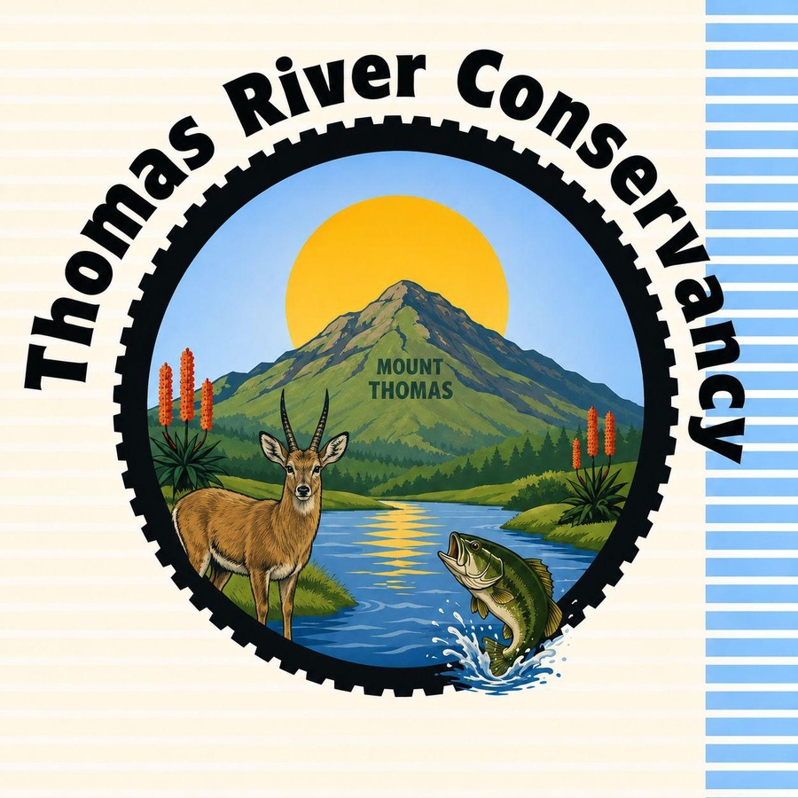 Thomas River Conservancy logo featuring Mount Thomas, wildlife and the river